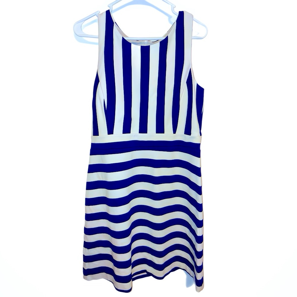 Ann Taylor navy blue and white striped midi dress. Size 12P